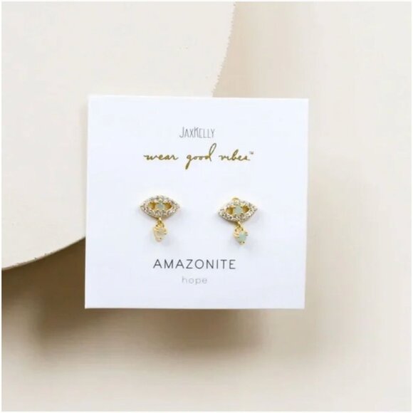 NEW Jax Kelly Green Amazonite Evil Eye Drop Earrings Hope Stone Hypoallergenic - Picture 4 of 8